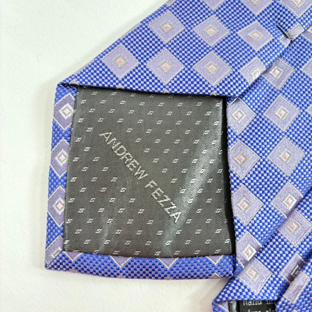 Andrew Fezza Tie Blue Purple Geometric‎ Silk Stain Resistant Handmade 1877